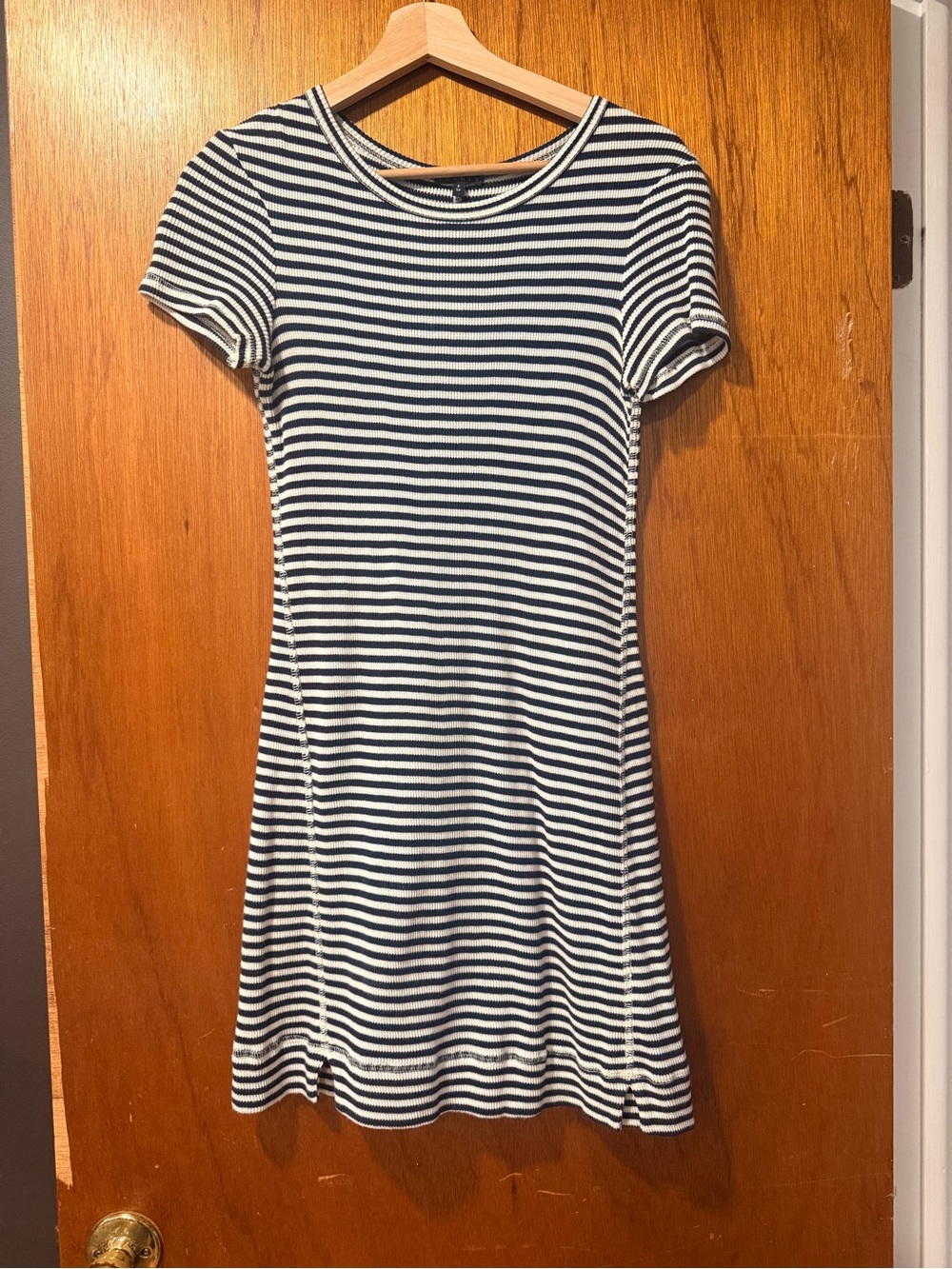 Theory Navy Ivory Striped Ribbed Knit Swing Dress Short Sleeve P/TP